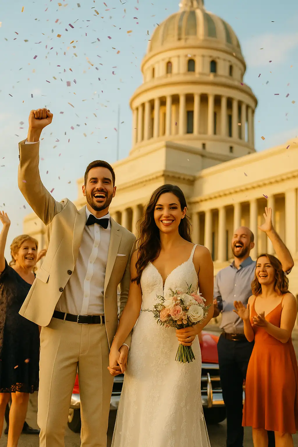 Paquete de Bodas en La Habana Clásico – Novios celebrando frente al Capitolio con invitados y confeti en ambiente festivo