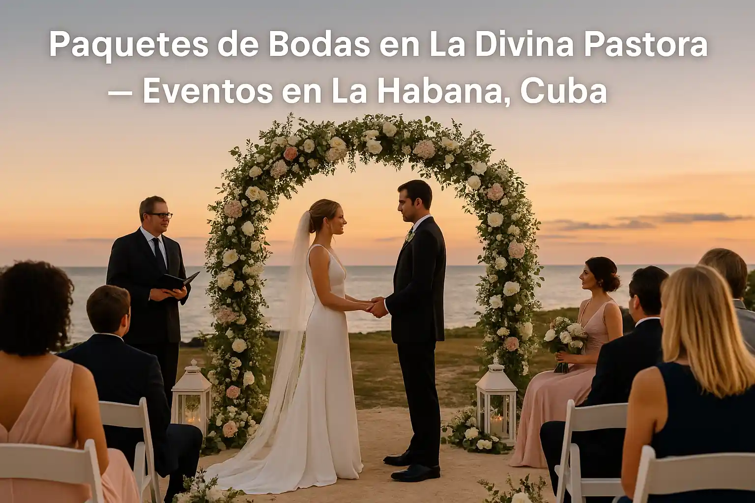 Fotografía realista de boda en La Divina Pastora en La Habana, Cuba, con los novios tomados de la mano bajo un arco floral, invitados sentados y el mar de fondo al atardecer.