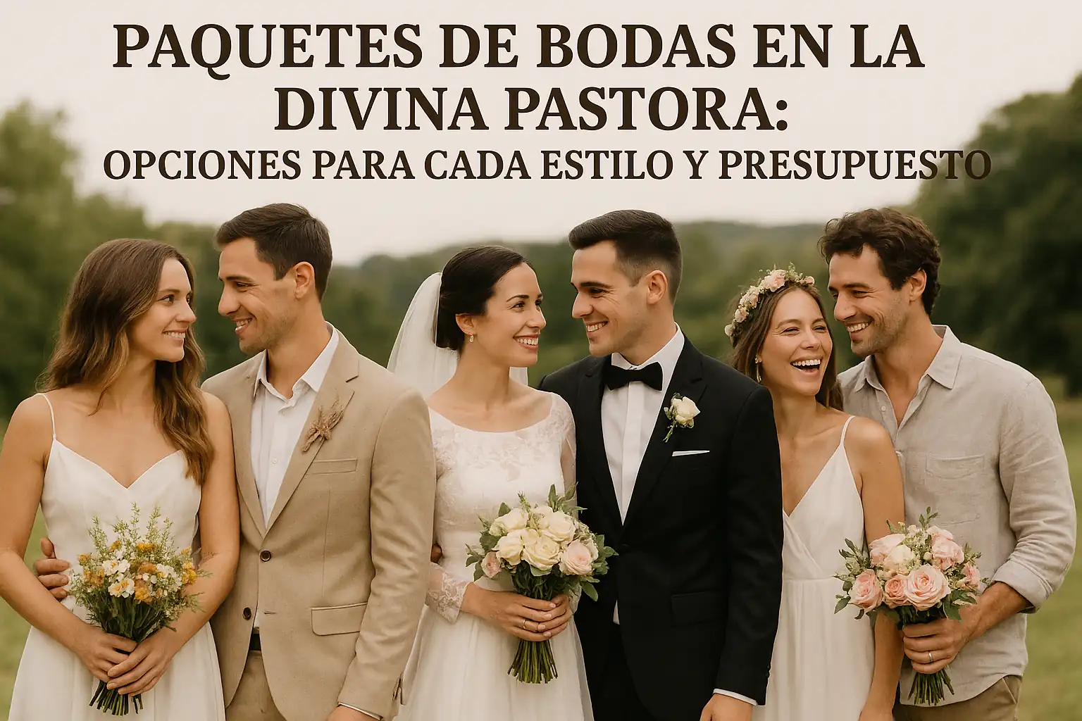 Descrizione: Imagen inspiradora de tres parejas de novios en diferentes estilos de boda, representando las opciones de paquetes de bodas en La Divina Pastora para todos los gustos y presupuestos, con un ambiente romántico al aire libre en La Habana, Cuba.