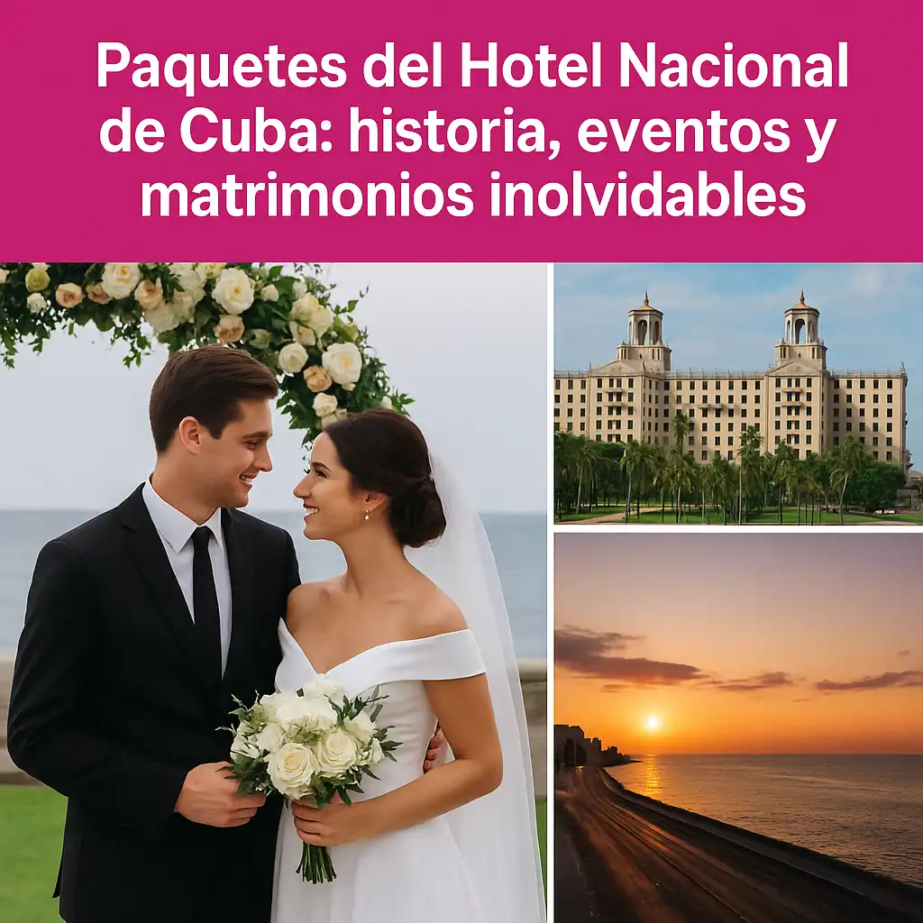 Collage con boda real frente al Malecón, fachada icónica del Hotel Nacional de Cuba y atardecer romántico. Ideal para promocionar paquetes de boda y eventos en La Habana con un enfoque elegante y emocional.