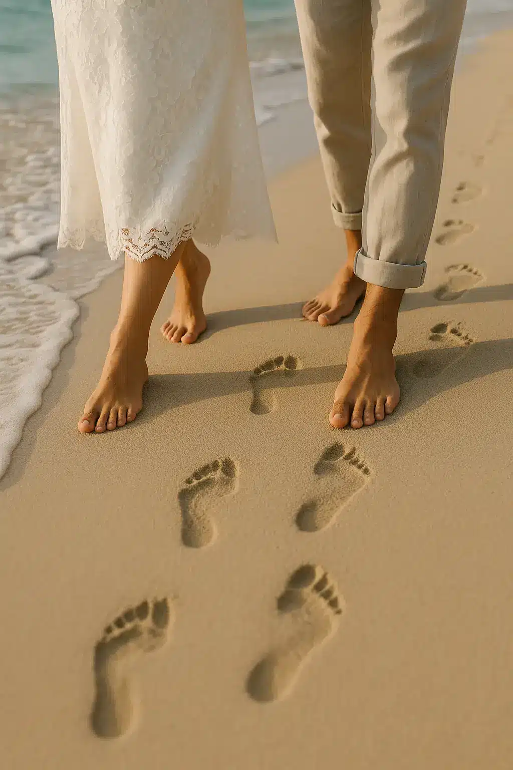 Imagen romántica de una pareja caminando descalza por la orilla del mar en Cuba, dejando huellas en la arena, simbolizando el paso a paso hacia el día perfecto de su boda.