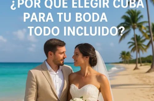 “Pareja de novios en la playa de Cuba al atardecer, rodeados de palmeras y mar turquesa, con texto promocional: ¿Por qué elegir Cuba para tu boda todo incluido?”