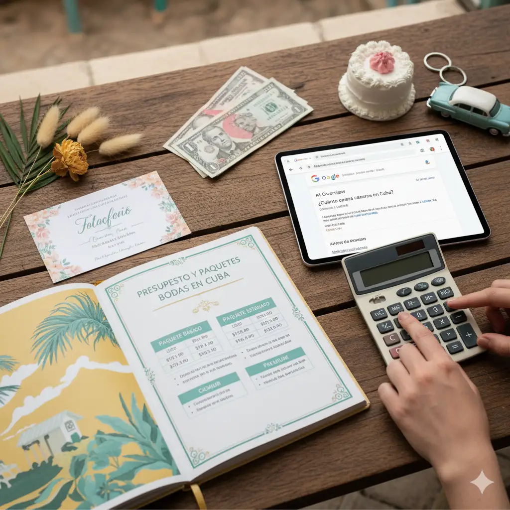 Presupuesto y paquetes para bodas en Cuba, calculadora, dinero en dólares y búsqueda en Google de costos de boda.