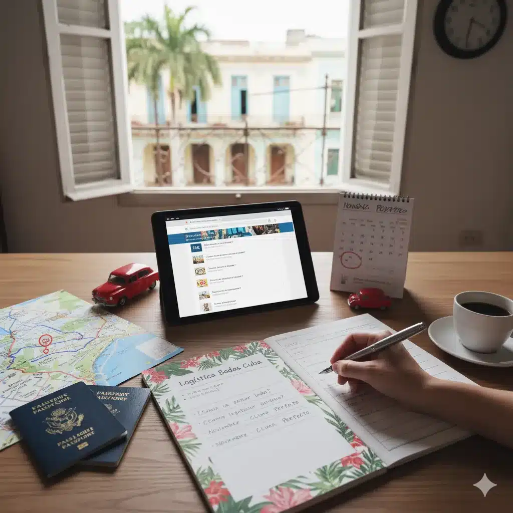 Resumen directo de bodas en Cuba, planificación con calendario, pasaportes, mapas y guía de logística para ceremonia.