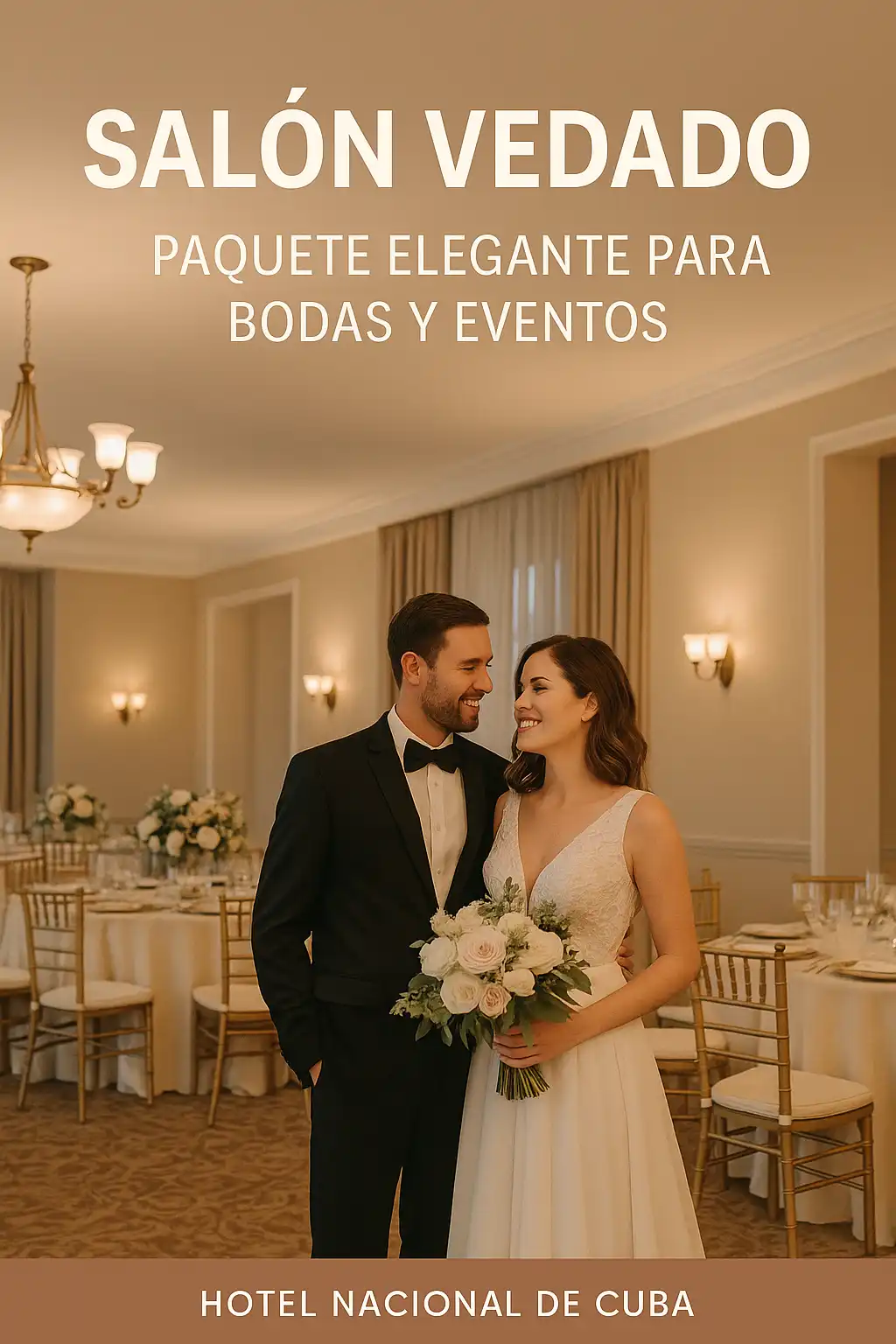 Imagen del Salón Vedado en el Hotel Nacional de Cuba, mostrando una boda elegante con novios sonrientes, mesas vestidas con manteles blancos, sillas doradas y flores frescas. Perfecta para presentar el paquete de bodas y eventos en este salón.