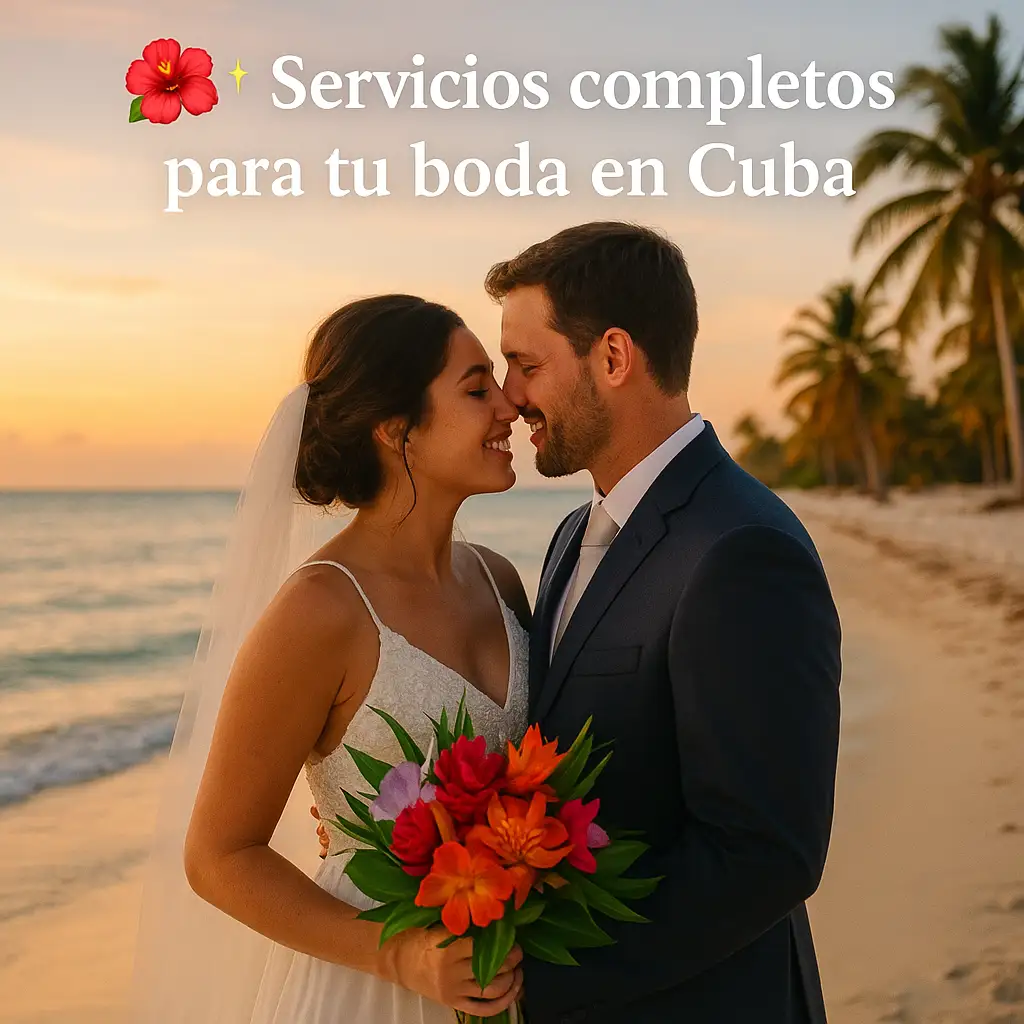 Fotografía romántica que invita a descubrir los servicios completos para bodas en Cuba. La escena muestra una pareja feliz en la playa al atardecer, con palmeras y mar de fondo, transmitiendo amor y serenidad.