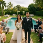 Dove sposarsi a Cuba: matrimonio con piscina e giardini tropicali, sposi felici e invitati che celebrano in un ambiente esclusivo all’aperto.