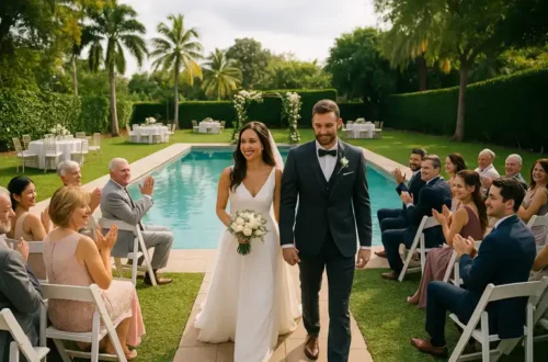 Dove sposarsi a Cuba: matrimonio con piscina e giardini tropicali, sposi felici e invitati che celebrano in un ambiente esclusivo all’aperto.