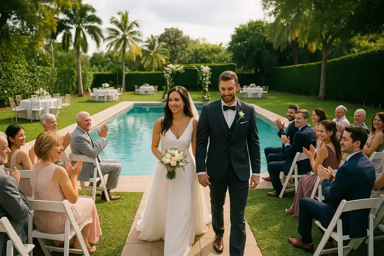 Dove sposarsi a Cuba: matrimonio con piscina e giardini tropicali, sposi felici e invitati che celebrano in un ambiente esclusivo all’aperto.