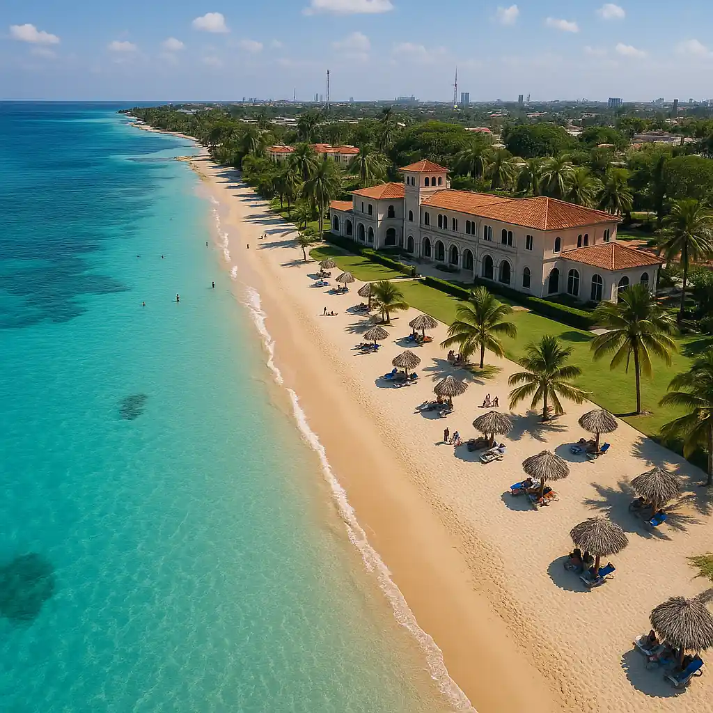 Vista aerea del Club Habana con spiaggia tropicale e mare turchese, ideale per matrimoni a Cuba