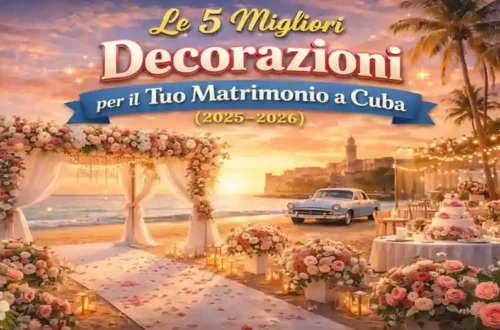 Alt text: Decorazioni per matrimonio a Cuba con arco floreale sulla spiaggia, tavoli eleganti e atmosfera romantica tropicale.