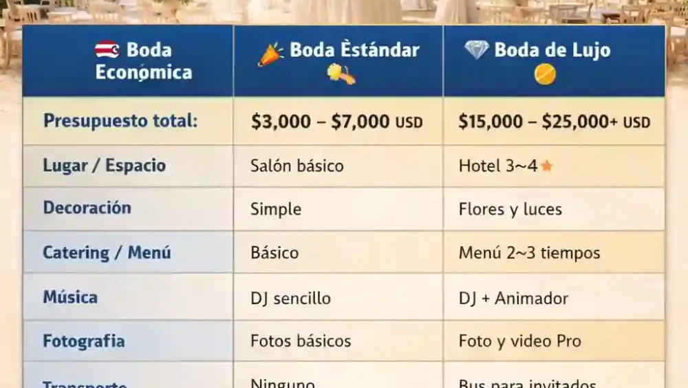 Tabla comparativa de presupuesto de boda para 100 personas en Cuba con fondo de playa y ceremonia tropical.