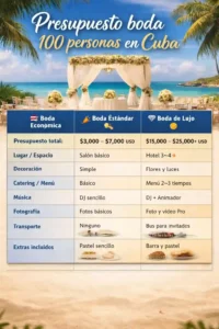 Tabla comparativa de presupuesto de boda para 100 personas en Cuba con fondo de playa y ceremonia tropical.
