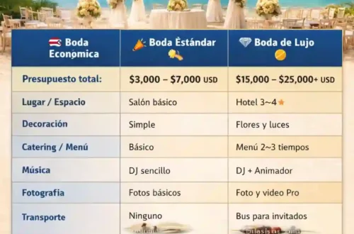 Tabla comparativa de presupuesto de boda para 100 personas en Cuba con fondo de playa y ceremonia tropical.