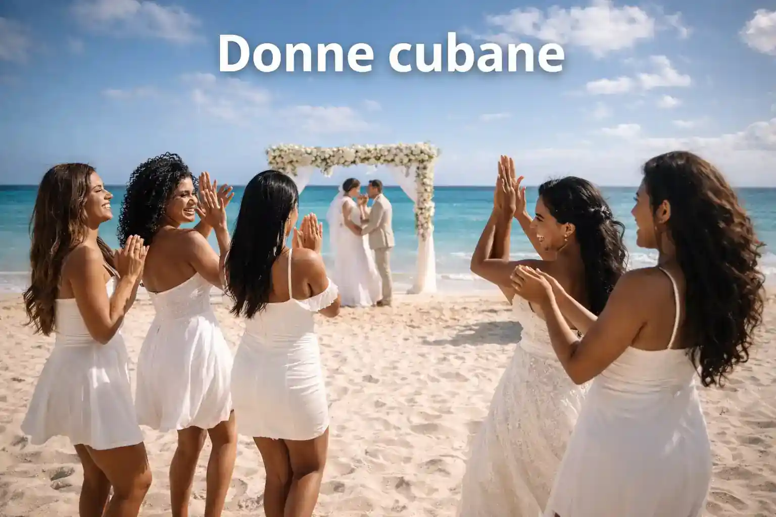 Donne cubane che ballano sulla spiaggia durante un matrimonio a Cuba, eleganti e sorridenti davanti a una coppia di sposi