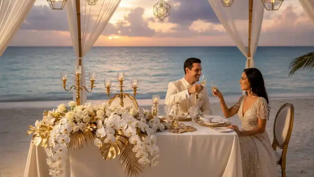 Boda en la playa de Varadero al atardecer, pareja de novios caminando sobre la arena blanca, decoración elegante y ambiente romántico en Cuba