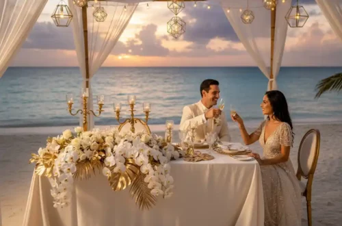 Boda en la playa de Varadero al atardecer, pareja de novios caminando sobre la arena blanca, decoración elegante y ambiente romántico en Cuba