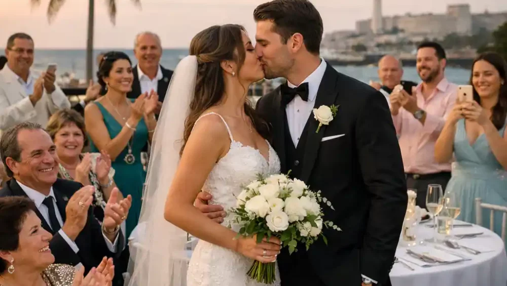 Matrimonio elegante al Hotel Nacional di Cuba con sposi e invitati durante il ricevimento, atmosfera romantica all’Avana