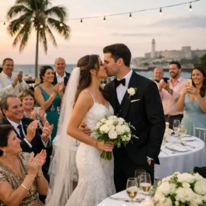 Matrimonio elegante al Hotel Nacional di Cuba con sposi e invitati durante il ricevimento, atmosfera romantica all’Avana