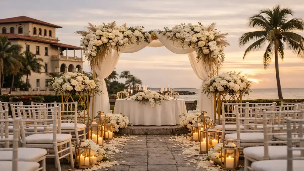 Boda elegante en el Club Habana con ceremonia al aire libre frente al mar, decoración marfil y dorado, sillas blancas y arco floral al atardecer, La Habana, Cuba 2026