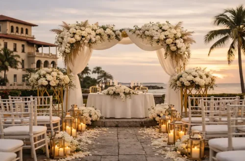 Boda elegante en el Club Habana con ceremonia al aire libre frente al mar, decoración marfil y dorado, sillas blancas y arco floral al atardecer, La Habana, Cuba 2026