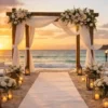 Alt text: Pareja celebrando una boda sencilla en la playa de Cuba, ceremonia real organizada a distancia con decoración minimal y ambiente natural.