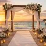 Alt text: Pareja celebrando una boda sencilla en la playa de Cuba, ceremonia real organizada a distancia con decoración minimal y ambiente natural.