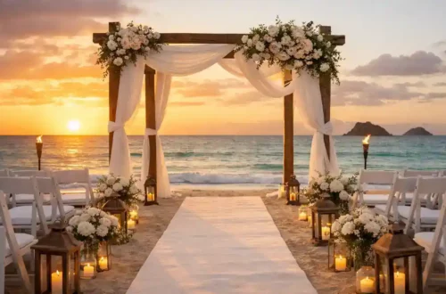 Alt text: Pareja celebrando una boda sencilla en la playa de Cuba, ceremonia real organizada a distancia con decoración minimal y ambiente natural.