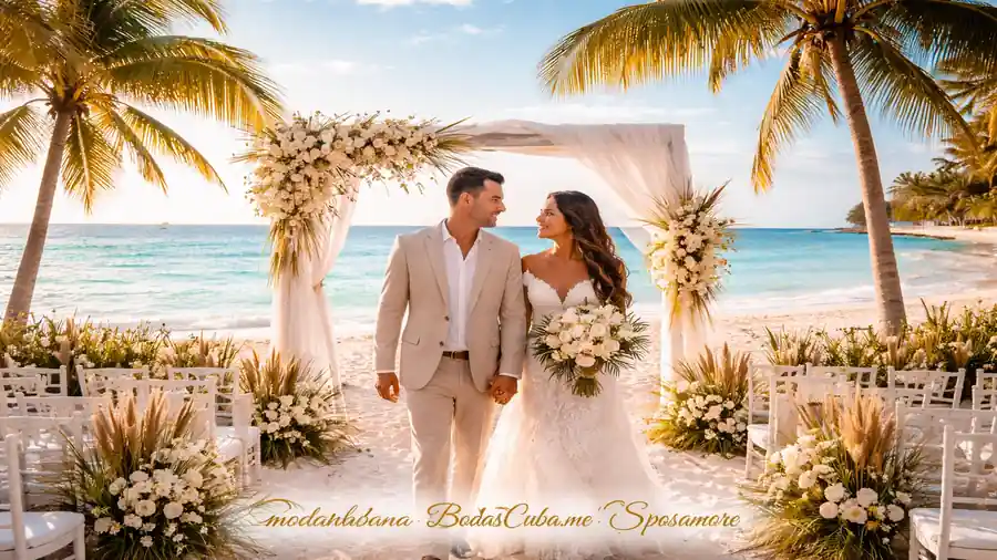 Casarse en La Habana: pareja de recién casados celebrando su boda en Cuba al atardecer, matrimonio legal entre extranjero y cubana organizado en La Habana.