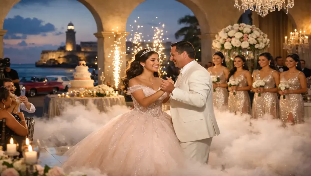 Fiesta de 15 años en La Habana con quinceañera celebrando junto a su familia en un evento elegante y realista en Cuba, organizado de forma profesional.
