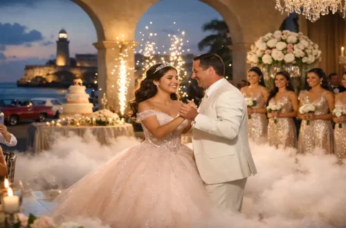 Festa di 15 anni a L’Avana con ragazza che balla con il padre durante una celebrazione elegante e realistica a Cuba, organizzata con cura in una location raffinata.