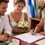 Documento ufficiale per sposarsi a Cuba: coppia che firma atti civili durante la procedura legale di matrimonio, scena reale e semplice, contesto istituzionale.