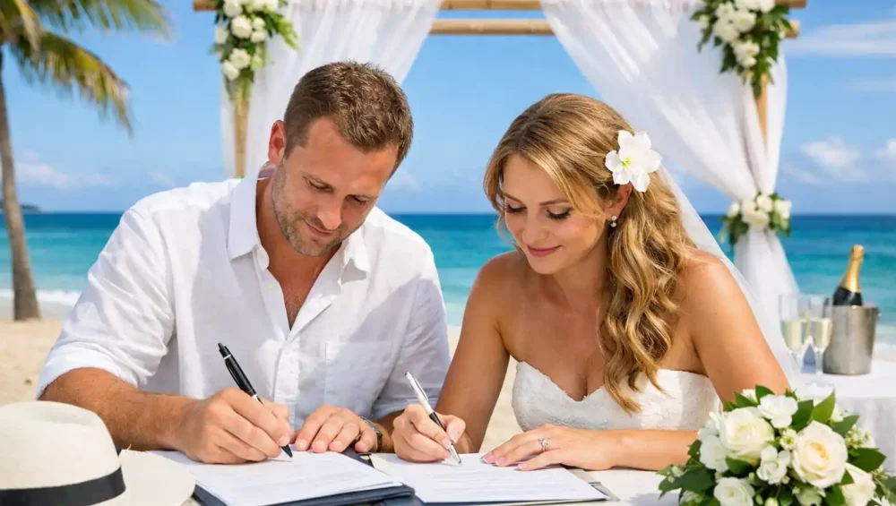 Documento ufficiale per sposarsi a Cuba: coppia che firma atti civili durante la procedura legale di matrimonio, scena reale e semplice, contesto istituzionale.