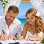 Documento ufficiale per sposarsi a Cuba: coppia che firma atti civili durante la procedura legale di matrimonio, scena reale e semplice, contesto istituzionale.