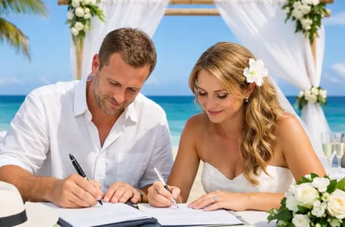 Documento ufficiale per sposarsi a Cuba: coppia che firma atti civili durante la procedura legale di matrimonio, scena reale e semplice, contesto istituzionale.