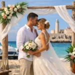 Matrimoni sulle spiagge di Cuba – coppia di sposi che si baciano al tramonto su una spiaggia tropicale di Varadero con il mare dei Caraibi sullo sfondo