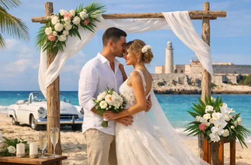 Matrimoni sulle spiagge di Cuba – coppia di sposi che si baciano al tramonto su una spiaggia tropicale di Varadero con il mare dei Caraibi sullo sfondo
