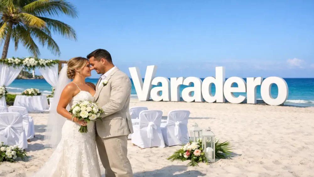 Alt text: Una coppia di sposi felici abbracciati su una spiaggia di Varadero, con sullo sfondo l’oceano e la scritta bianca “Varadero” in grande, tra decorazioni flore