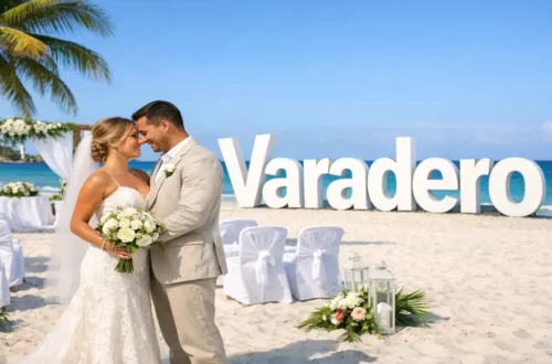 Alt text: Una coppia di sposi felici abbracciati su una spiaggia di Varadero, con sullo sfondo l’oceano e la scritta bianca “Varadero” in grande, tra decorazioni flore