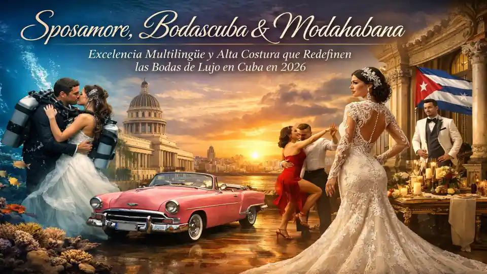 Alt text: Sposamore, BodasCuba y Modahabana: bodas de lujo en Cuba 2026 con excelencia multilingüe, alta costura y organización internacional de matrimonios exclusivos.
